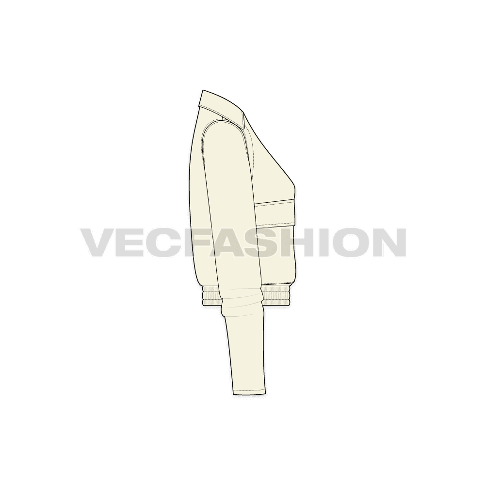 A vector illustrator template for Women's Short Body Jacket. It is a dropped shoulder streetwear style jacket with details like elasticated bottom hem, big pockets, zippers etc.