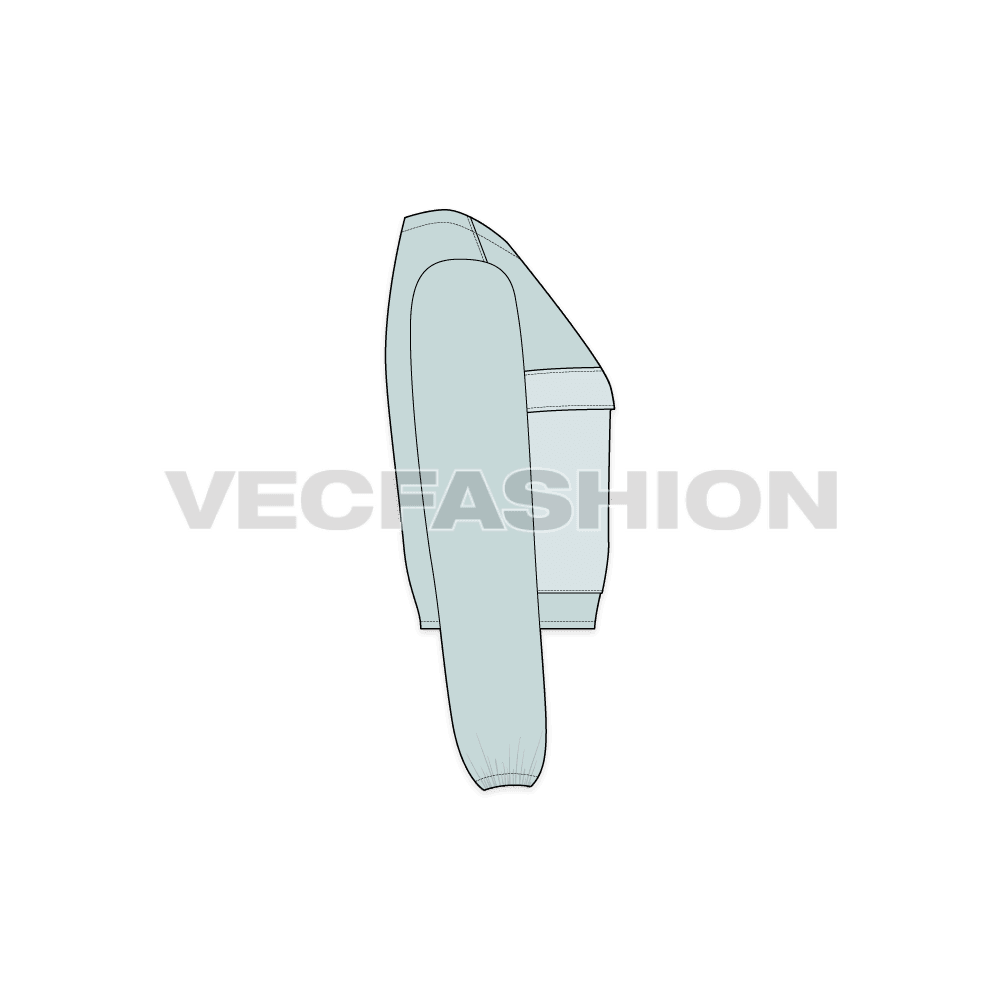A vector illustrator template for Women's Short Body Jacket. It is in a light blue vintage color with big pockets on chest and a simple collar neck.