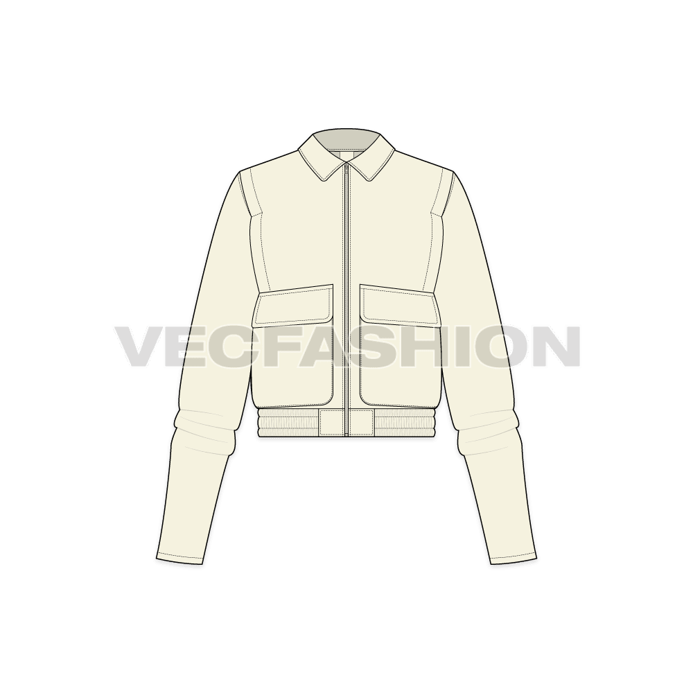 A vector illustrator template for Women's Short Body Jacket. It is a dropped shoulder streetwear style jacket with details like elasticated bottom hem, big pockets, zippers etc.
