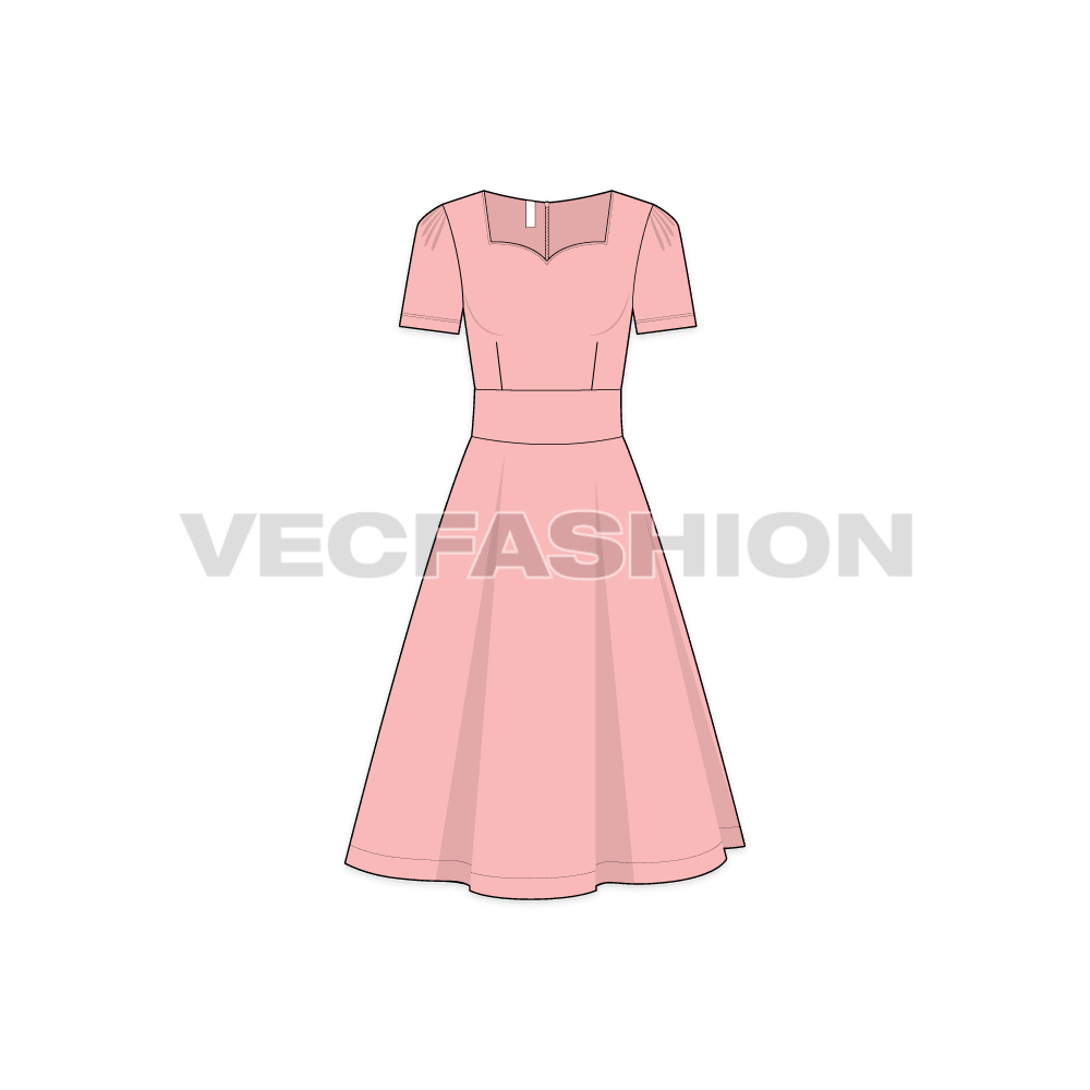 A vector template for Women's Short Sleeved Swing Dress. It has a princess neckline with flared out skirt attached with a sewn-in belt at the waist.