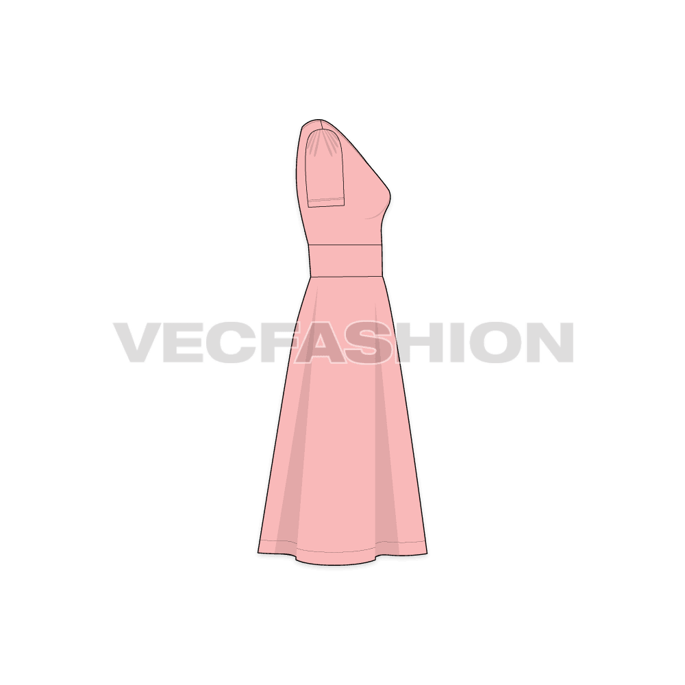 A vector template for Women's Short Sleeved Swing Dress. It has a princess neckline with flared out skirt attached with a sewn-in belt at the waist.