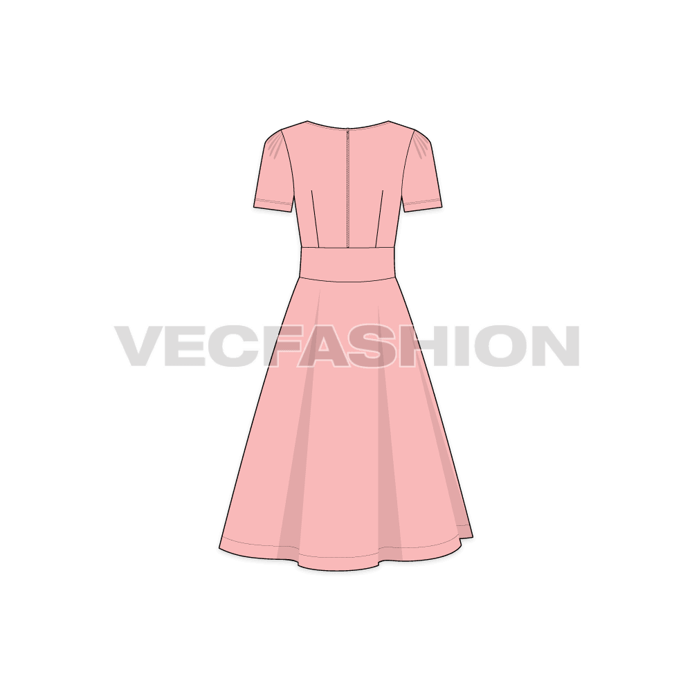 A vector template for Women's Short Sleeved Swing Dress. It has a princess neckline with flared out skirt attached with a sewn-in belt at the waist.