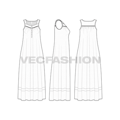 A vector fashion template sketch for Women's Sleep Wear Dress. It is a full length pullover dress with thick shoulder straps. The neckline is slightly v-shaped with buttons on it.