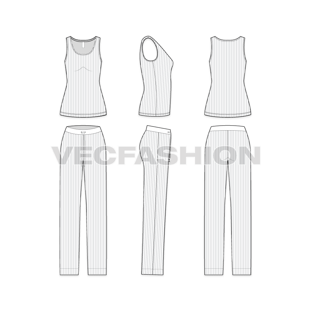 A vector fashion template sketch for Women's Sleepwear Pajama Suit. It is a simple style with two pieces clothing set for sleeping. It has a lose fit tank top with full length lose fit pajamas. 