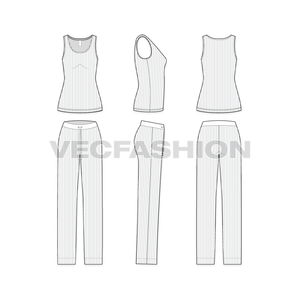 A vector fashion template sketch for Women's Sleepwear Pajama Suit. It is a simple style with two pieces clothing set for sleeping. It has a lose fit tank top with full length lose fit pajamas.