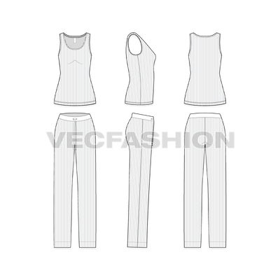 A vector fashion template sketch for Women's Sleepwear Pajama Suit. It is a simple style with two pieces clothing set for sleeping. It has a lose fit tank top with full length lose fit pajamas.