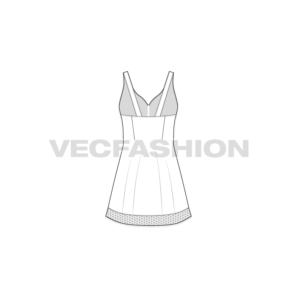 A vector template sketch for Women's Sleepwear Short Dress. It has a very interesting neckline with repeat print. The body cut is lose fit at the bottom flared out with spaghetti straps at the back.