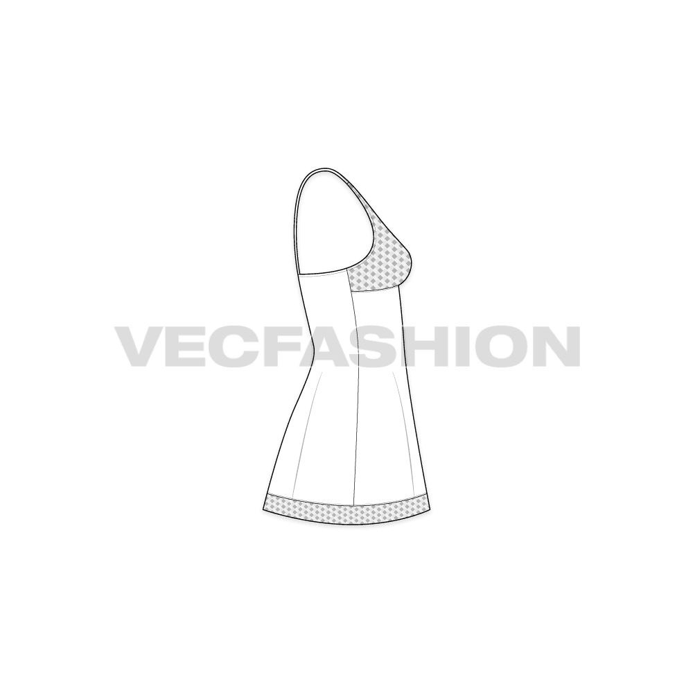 A vector template sketch for Women's Sleepwear Short Dress. It has a very interesting neckline with repeat print. The body cut is lose fit at the bottom flared out with spaghetti straps at the back.