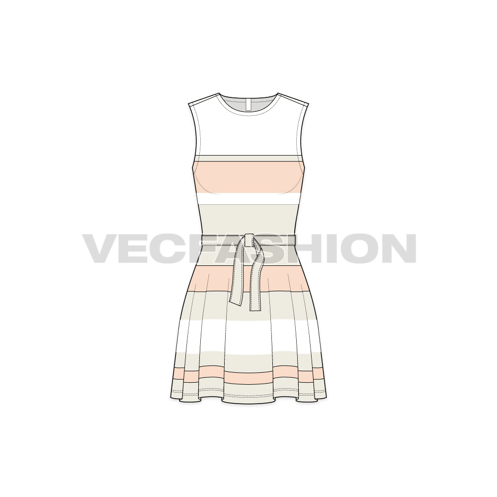 A vector template for Women's Sleeveless Dress. It is a multi colored striped beach dress with a functional tie tape around the waist.