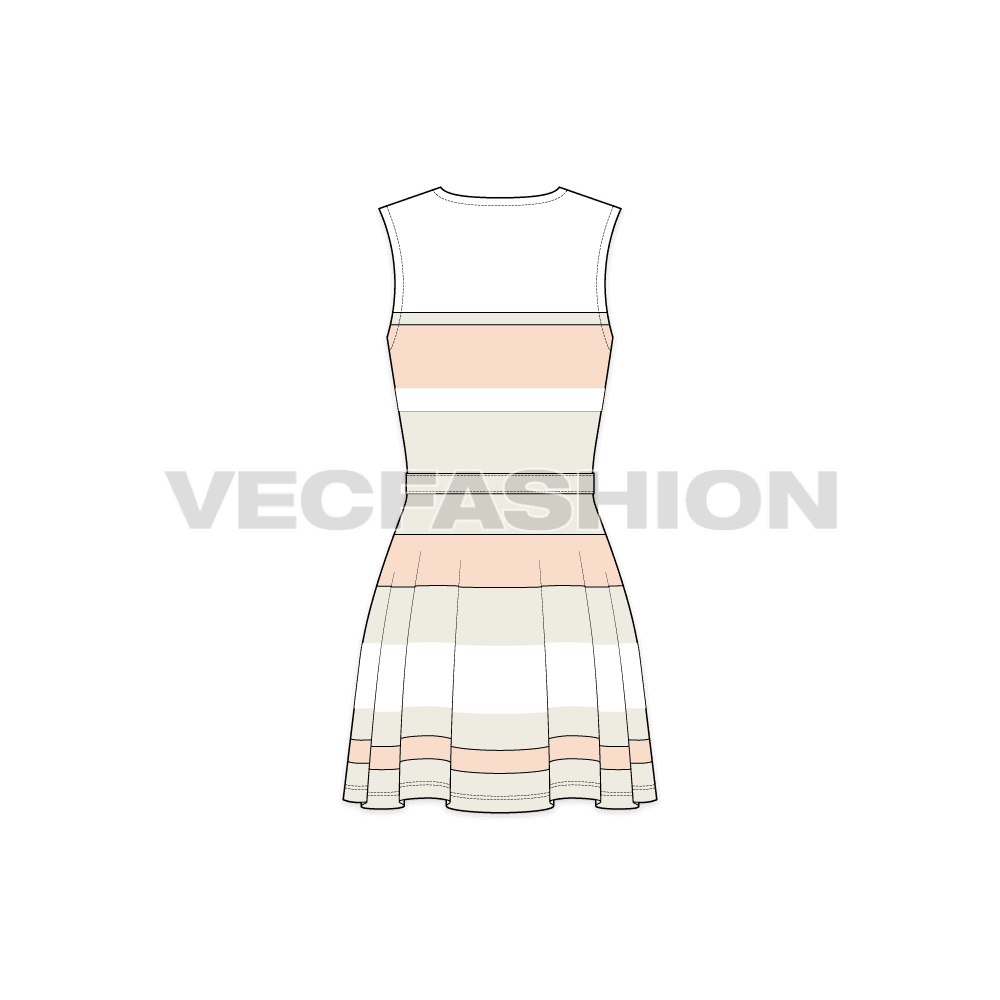A vector template for Women's Sleeveless Dress. It is a multi colored striped beach dress with a functional tie tape around the waist.