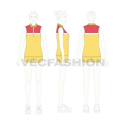 An editable vector flat sketch for Women's Sleeveless Polo Shirt Set. It has a sleeveless Polo Shirt with Shorts.