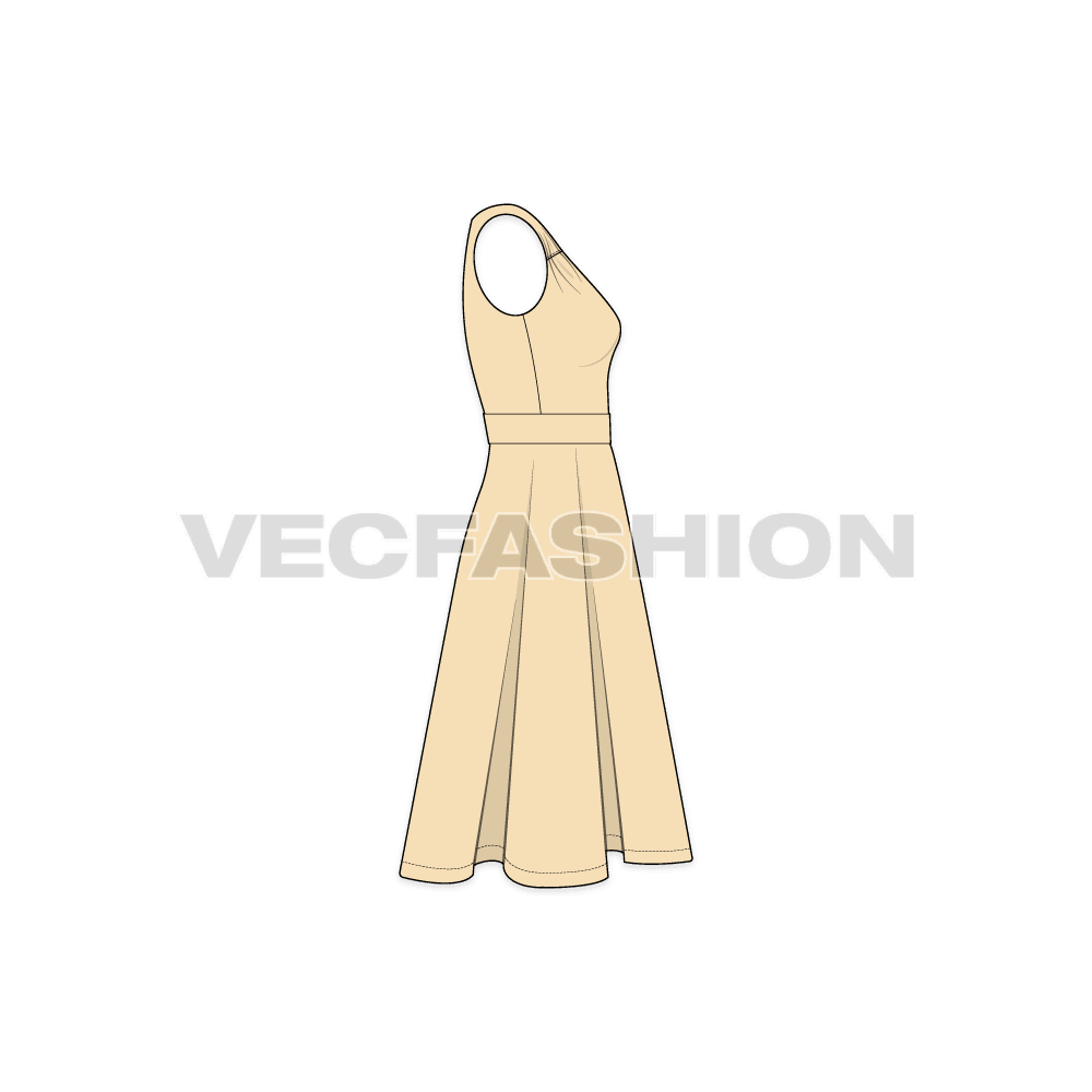 A vector template for Women's Sleeveless Swing Cocktail Dress. It is a fitted dress from the bodice with a very unique styling at the neckline.