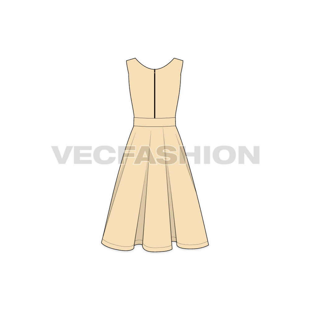 A vector template for Women's Sleeveless Swing Cocktail Dress. It is a fitted dress from the bodice with a very unique styling at the neckline.