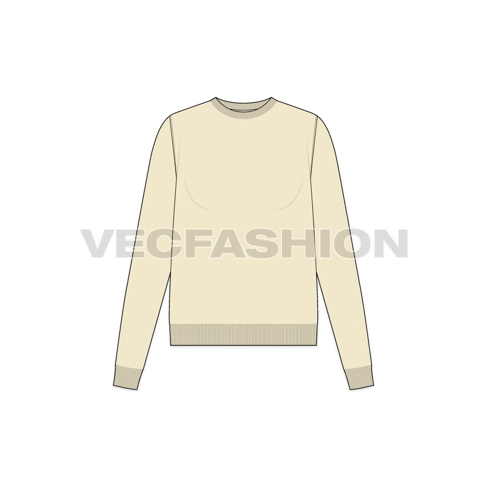 A clean template in ecru color of Women's Slim Fit Knitted Sweater. This template is showing some folds details and self snugging knitting at Neckline, Sleeve and bottom hem.
