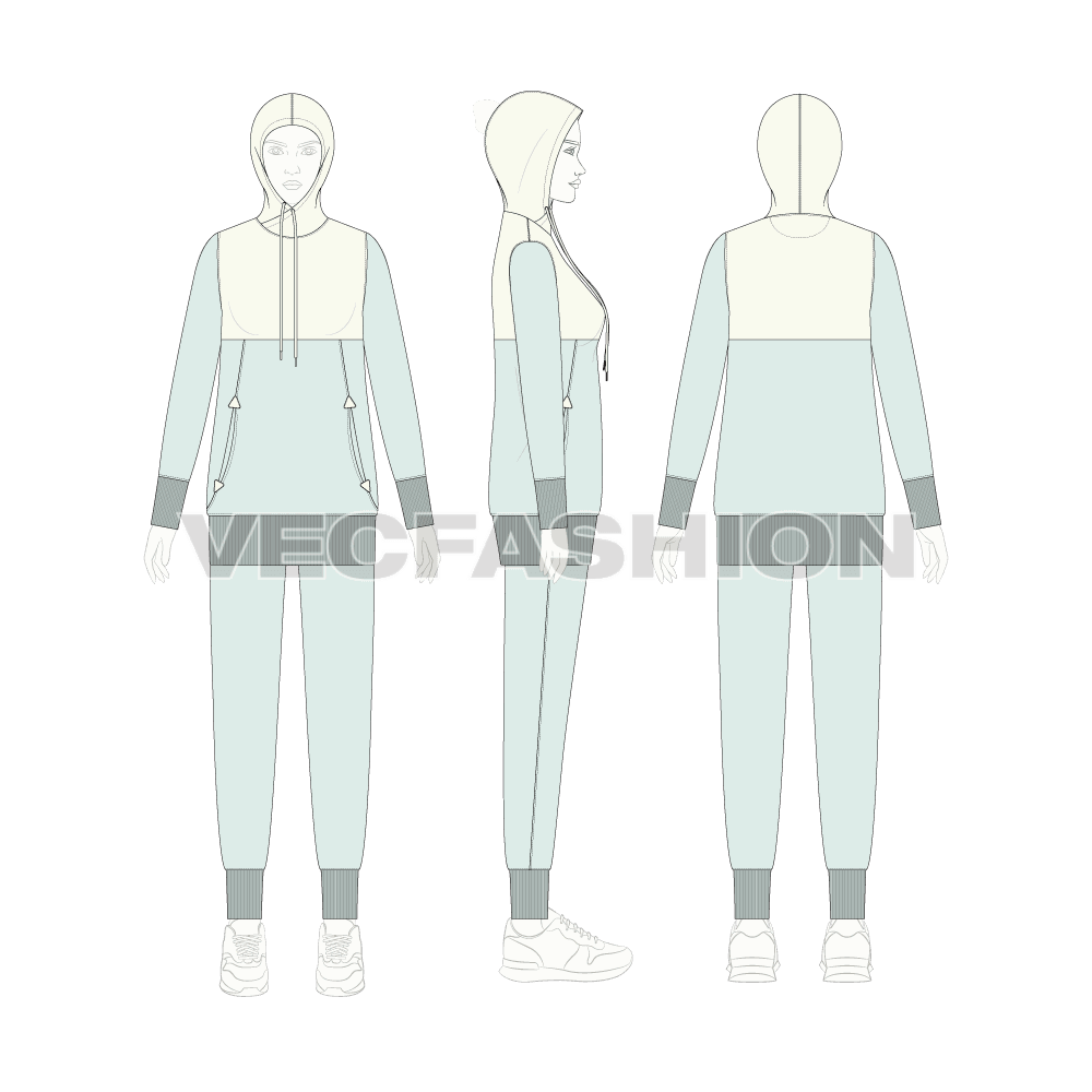 An editable vector template for Women's Slim Fit Sweatsuit. It has a longer length hoodie with wider ribbed cuffs. The top bodice yoke is contrast with white colored hoodie.