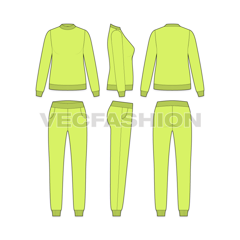 An editable vector template for Women's Slim Fit Sweatsuit. It has Neon Green color Crewneck Sweatshirt comes with a slim fit pants all in matching color.