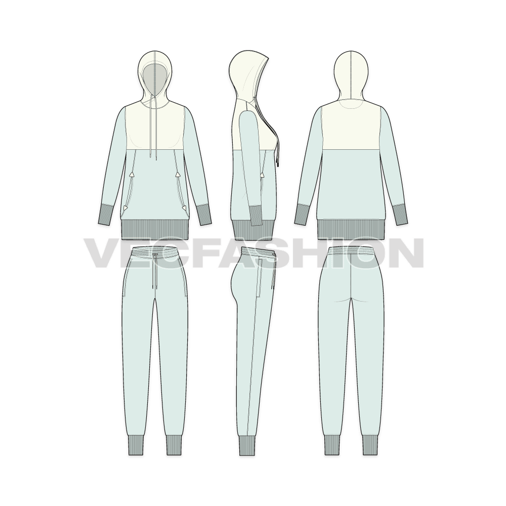 An editable vector template for Women's Slim Fit Sweatsuit. It has a longer length hoodie with wider ribbed cuffs. The top bodice yoke is contrast with white colored hoodie.