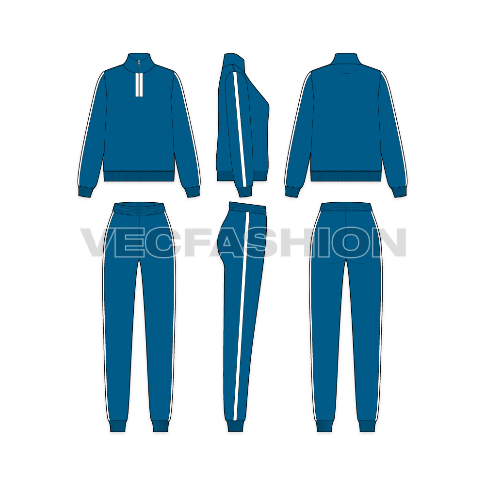 A fully editable vector sketch template of Women's Slim Fit Sweatsuit. It is a slim fit sweatsuit with mock neck collar and contrast colored stripe on the sides.