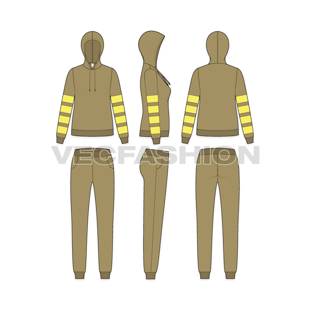 An editable vector template for Women's Slim Fit Tracksuit. It has black sweat hoodie with neon panels on sleeves.