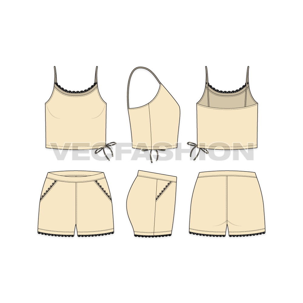 A vector illustrator template for Women's Spaghetti Top and Shorts. It is rendered in two colors and have fancy details like drawstrings, small lace around the neck and leg opening.