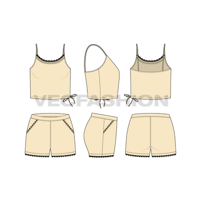 A vector illustrator template for Women's Spaghetti Top and Shorts. It is rendered in two colors and have fancy details like drawstrings, small lace around the neck and leg opening.