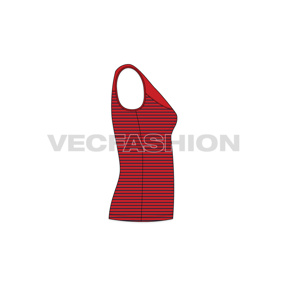 A modern style template for Women's Sport Fashion Tank Top in Red and Navy Blue color. This template has a Sport Fashion Top with contrast panel on chest. The neckline is wide and is inspired by the Nautical Boat Neck, there is a self color binding on armholes and neckline.