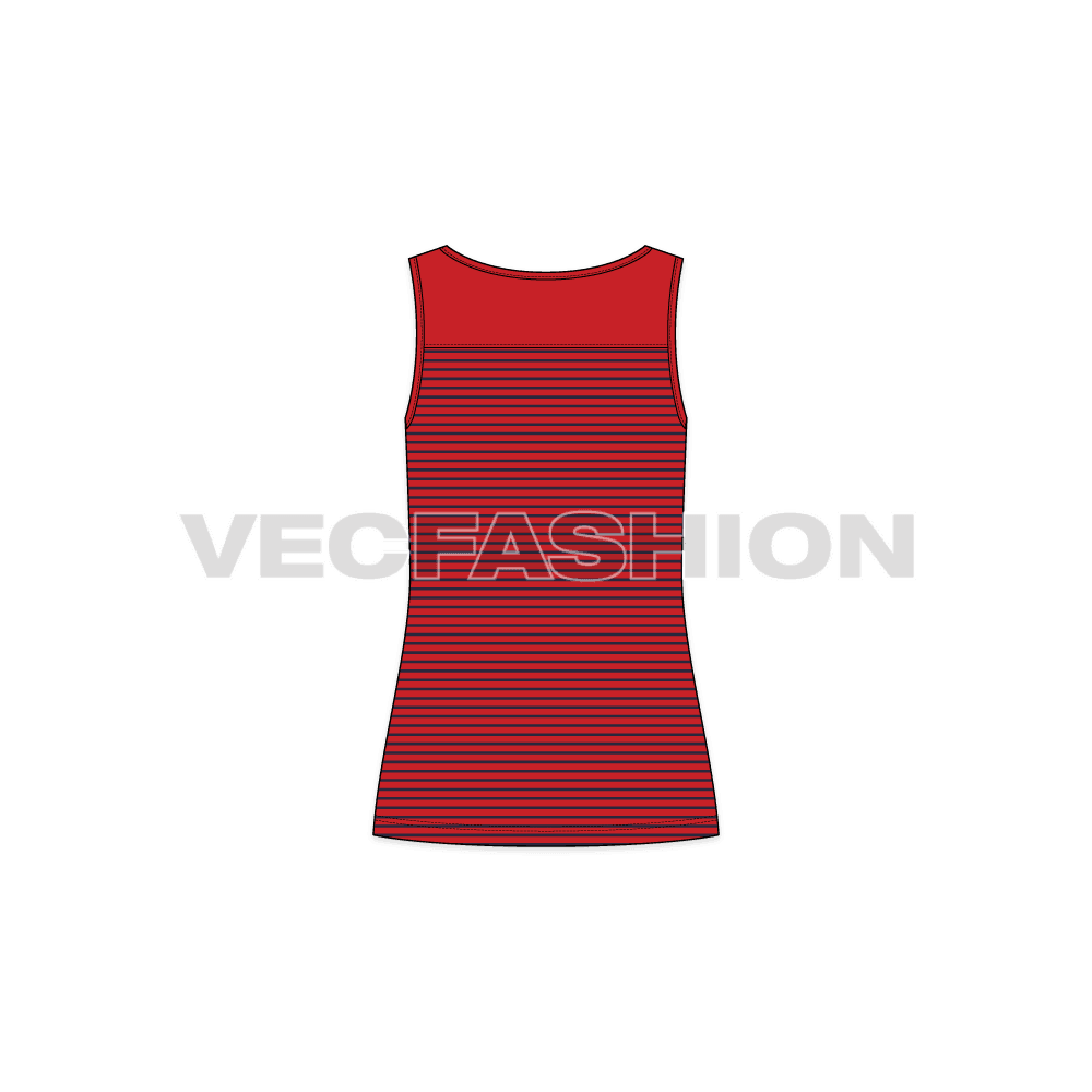 A modern style template for Women's Sport Fashion Tank Top in Red and Navy Blue color. This template has a Sport Fashion Top with contrast panel on chest. The neckline is wide and is inspired by the Nautical Boat Neck, there is a self color binding on armholes and neckline.