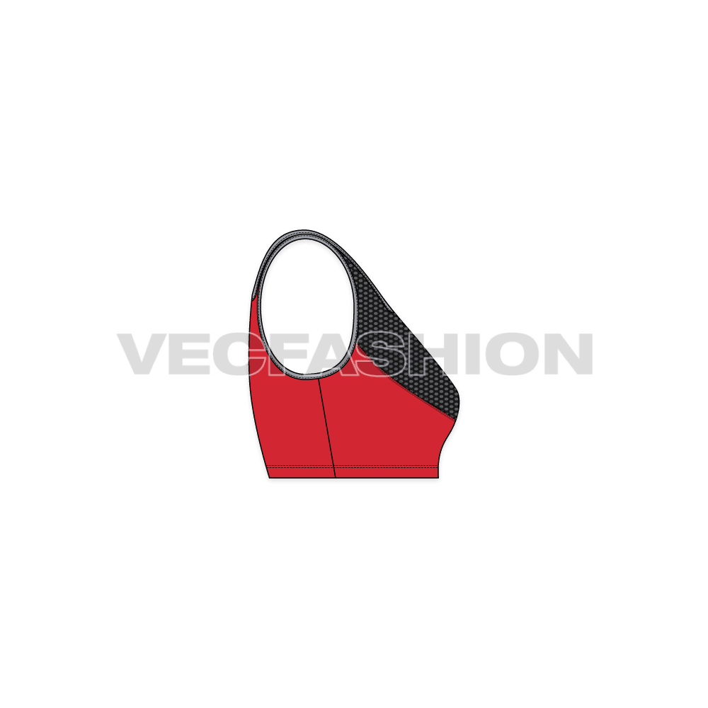 A vector fashion sketch template of Women's Sport Mesh Bra. It has a mesh panel body on front and on center of the back. The neck and armhole edging is in contrast color with flat lock stitching.