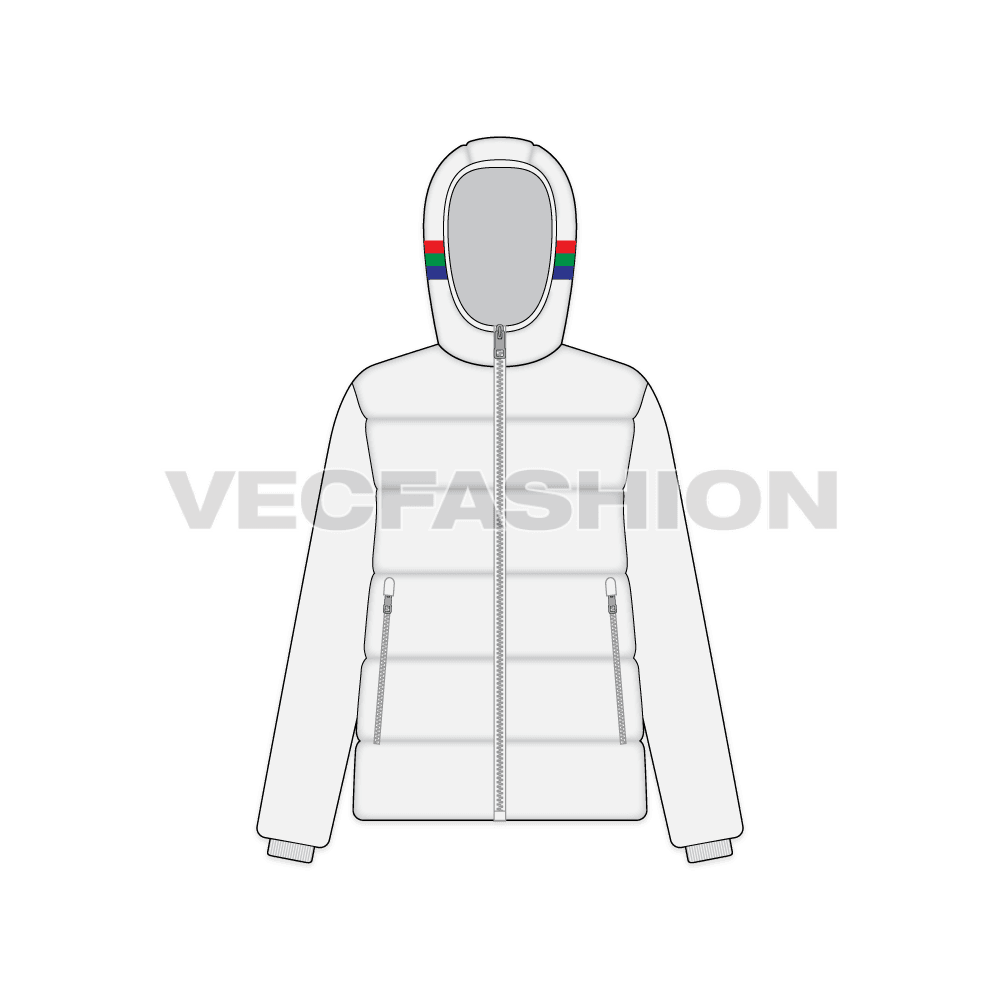 A vector template for Women's Sport Puffer Jacket. It has colored contrast stripes on the hood and have special drawstrings and side pockets on front.