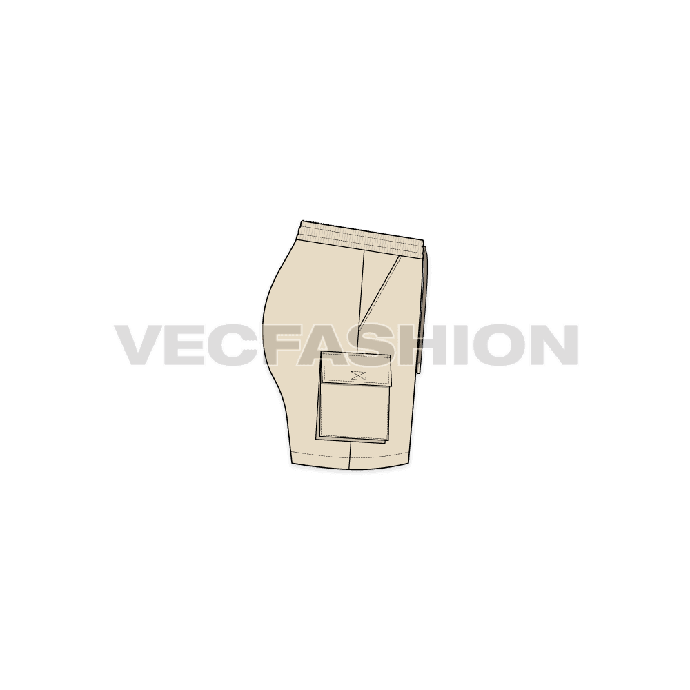 A vector fashion sketch for Women's Sport Shorts. It has elasticated waistband with cargo pockets on sides and a key holder attached in the waistline.