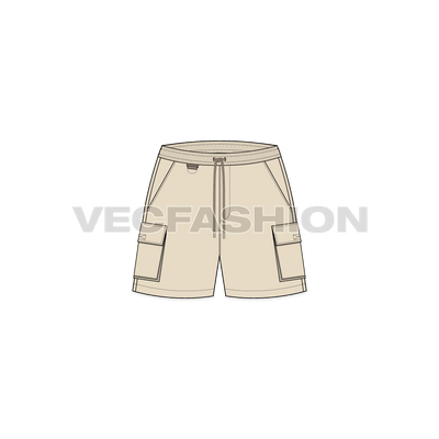 A vector fashion sketch for Women's Sport Shorts. It has elasticated waistband with cargo pockets on sides and a key holder attached in the waistline.