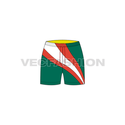 A vector fashion sketch for Women's Sport Shorts. It has a very interesting cut panels in a wave shape representing the Wave Surfing with long drawstrings and contrast waistband lining.