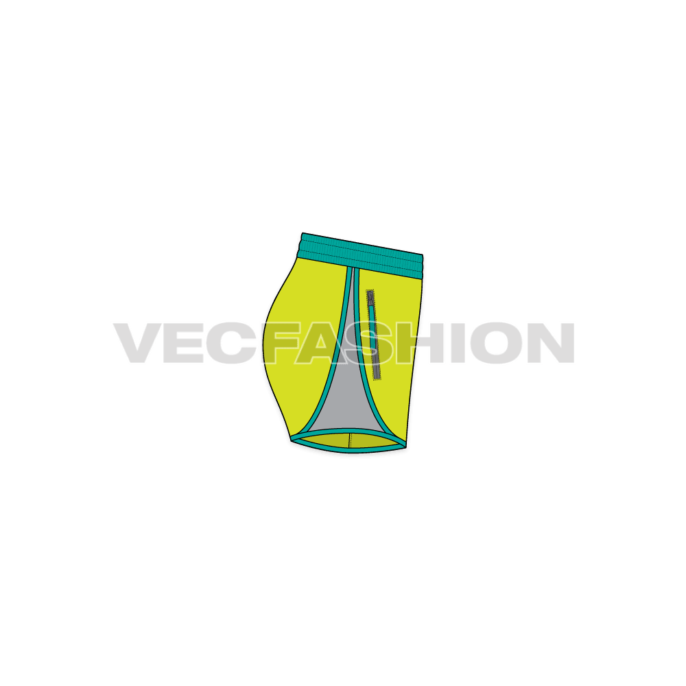 A vector illustrator template for Women's Sport Shorts. It has a wide elastic waistband and a pocket on side. There is a yoke at the back and double layer panel on sides going till bottom hem.