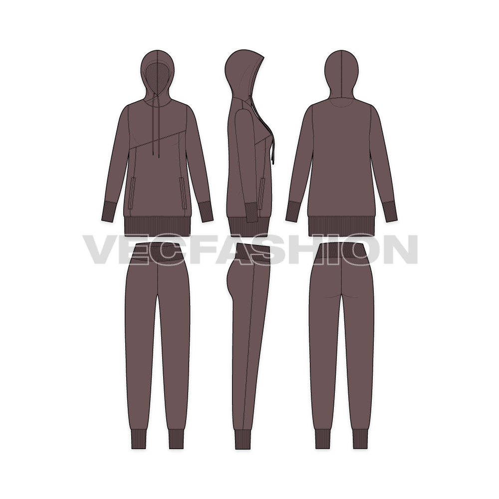 An editable vector template for Women's Sport Sweatsuit. It has an asymmetrical cutline on the chest and overlapping hoodie.