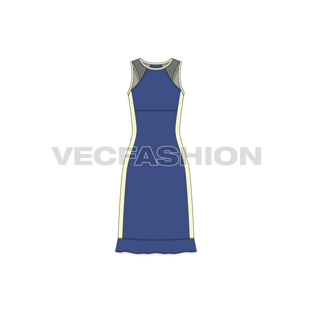 A new vector apparel template of Womens Sport Tunic. It has mesh panels around the armhole and contrast panels on sides. There is frill on the bottom panel for style purposes.