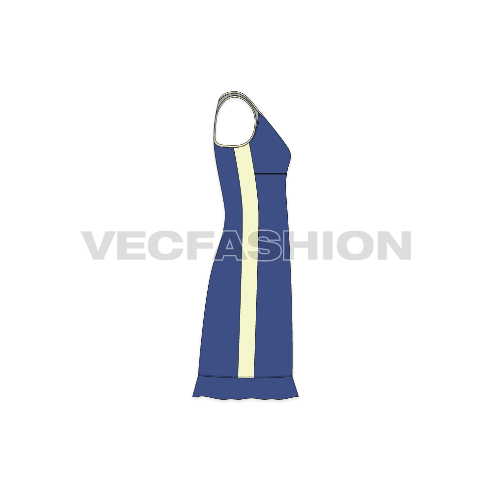 A new vector apparel template of Womens Sport Tunic. It has mesh panels around the armhole and contrast panels on sides. There is frill on the bottom panel for style purposes.