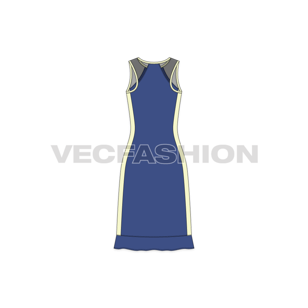 A new vector apparel template of Womens Sport Tunic. It has mesh panels around the armhole and contrast panels on sides. There is frill on the bottom panel for style purposes.