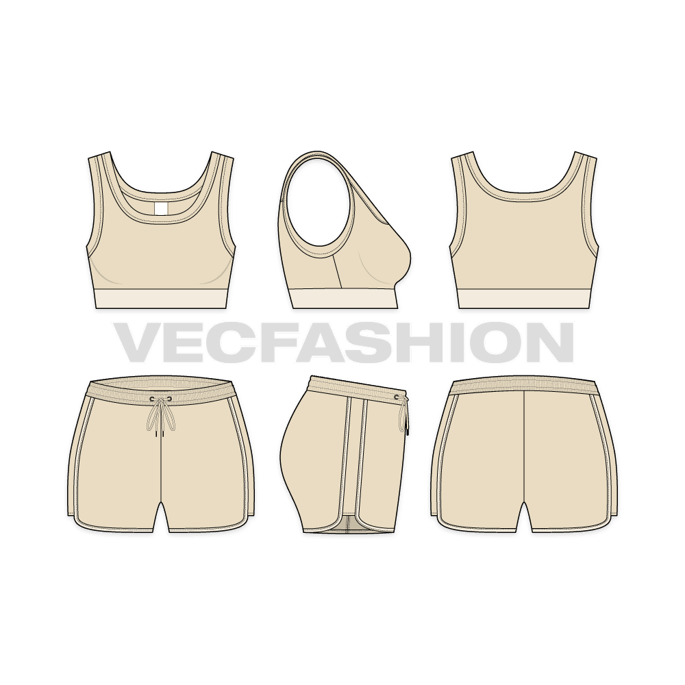 A vector fashion sketch template of Women's Sports Bra and Shorts Set. It is a complete set with Sport Bra and Sport Shorts. The design is inspired by modern styles and gives a great comfort while working out.