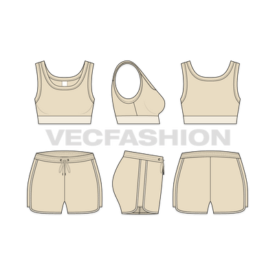 A vector fashion sketch template of Women's Sports Bra and Shorts Set. It is a complete set with Sport Bra and Sport Shorts. The design is inspired by modern styles and gives a great comfort while working out.