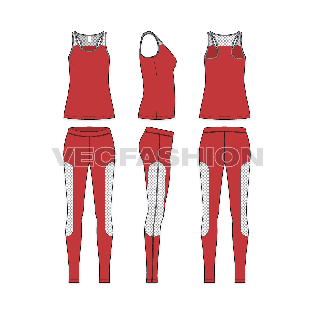 A detailed vector template set for Women's Sportswear Clothing having a Long Length Vector Racerback Tank Top and a Capri Length Vector Fitness Pants. This vector illustration of Long Length Racerback Tank in Deep Red Body with Contrast Colored Binding on Neckline and Armholes. 
