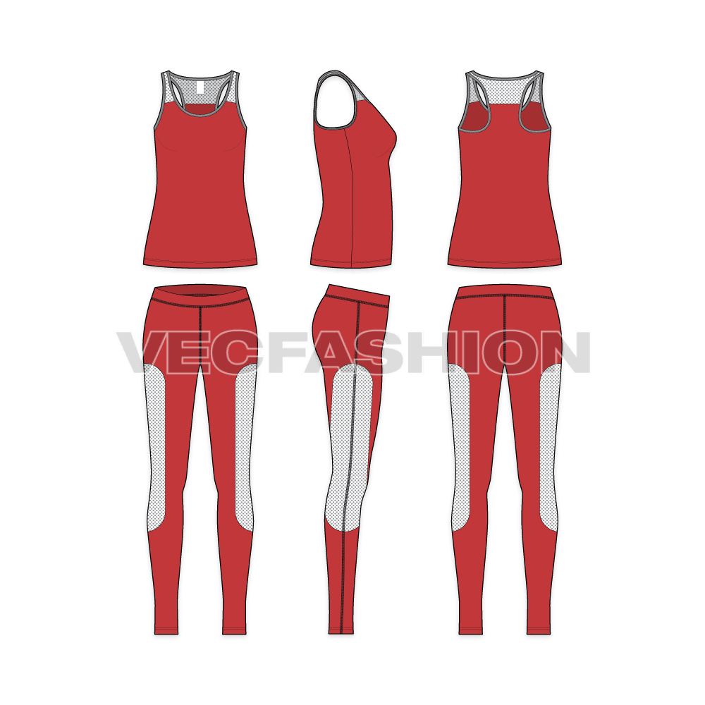 A detailed vector template set for Women's Sportswear Clothing having a Long Length Vector Racerback Tank Top and a Capri Length Vector Fitness Pants. This vector illustration of Long Length Racerback Tank in Deep Red Body with Contrast Colored Binding on Neckline and Armholes.