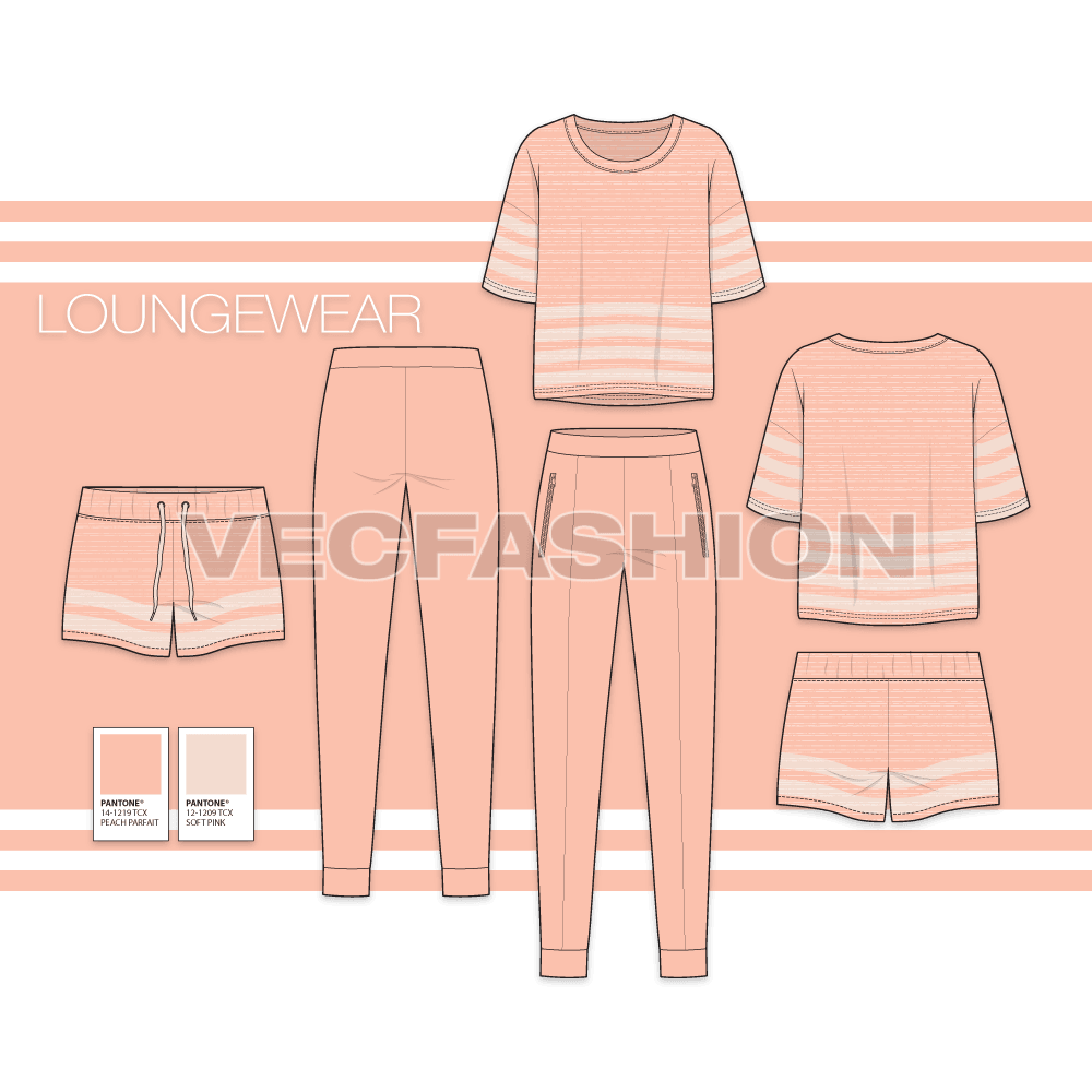Women's Loungewear Vector Fashion Set, inspired by Spring Summer 2018 Fashion Trends. It has 3 most essential items in a very clean and sporty look. 