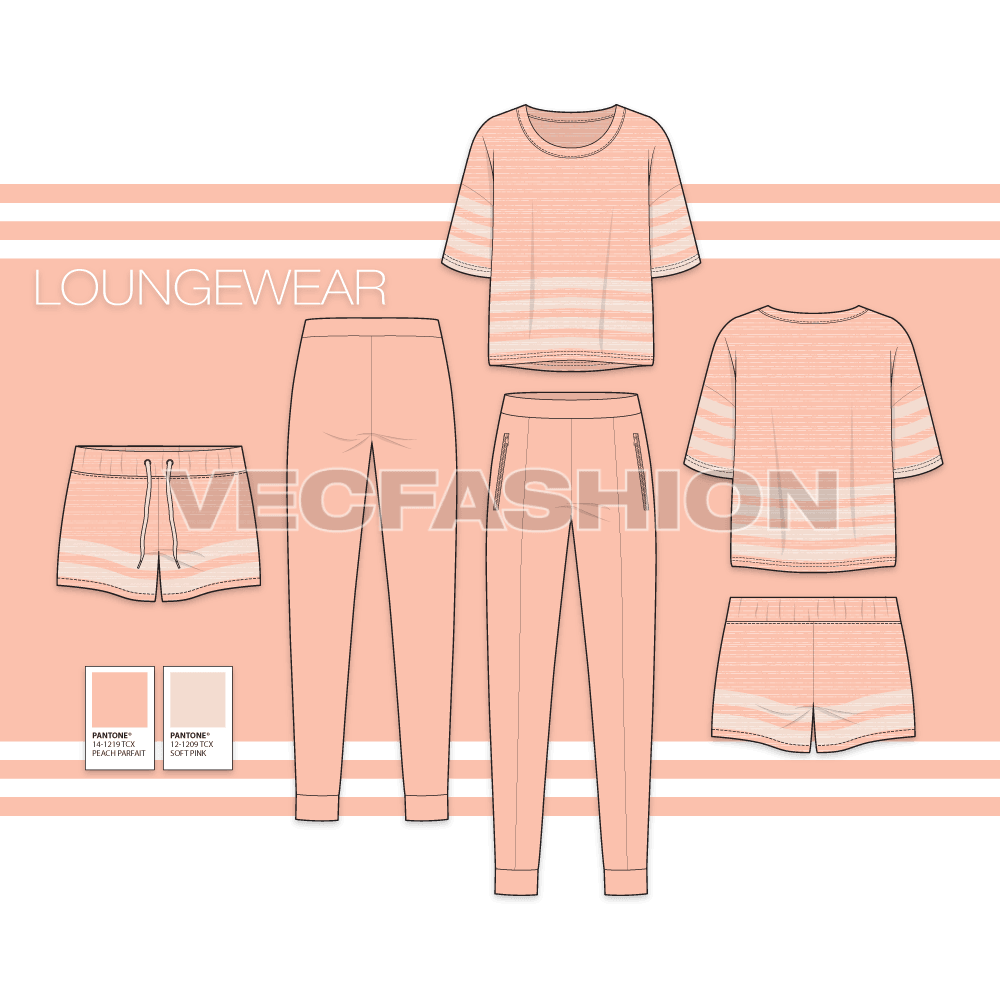 Women's Loungewear Vector Fashion Set, inspired by Spring Summer 2018 Fashion Trends. It has 3 most essential items in a very clean and sporty look.