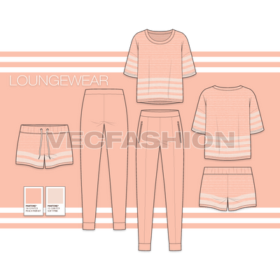 Women's Loungewear Vector Fashion Set, inspired by Spring Summer 2018 Fashion Trends. It has 3 most essential items in a very clean and sporty look. 