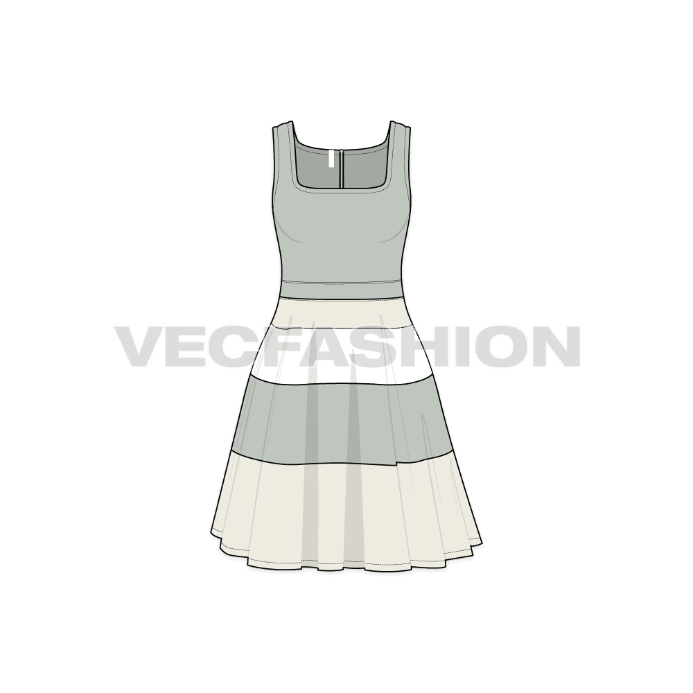 A vector fashion flat sketch for Women's Square Neck Swing Dress. It has a square neck with rounded edge with contrast colored panels in the lower skirt, the bodice is solid colored. 