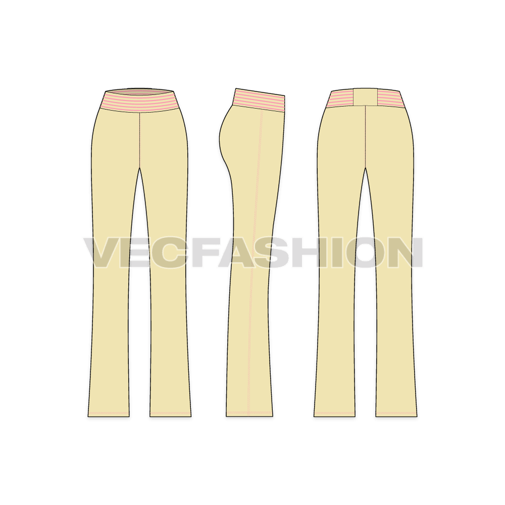 A vector template for Women’s Straight Knitted Casual Trousers with a bigger waist band having special stitching details on it. The trousers are slightly tapered at the knee level to bring a better and comfortable fitting on legs.