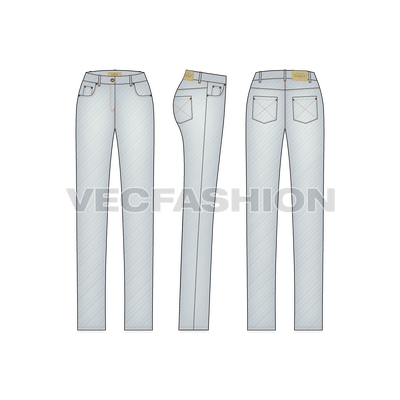 A light stone washed vector template for Women's Straight Leg Denim Jeans. This template includes Metal Shank on waist band, Metal Rivets,  PU Label, Back Pocket PU Label, Belt Loops with Bar Tack Stitch and Double Needle Stitch on all over garment.