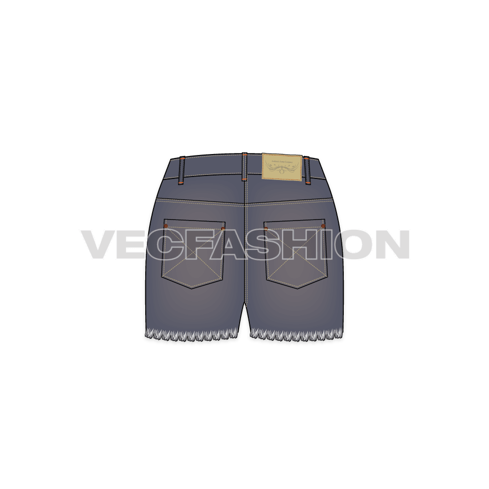 An Over-dyed Women's Denim Shorts Vector Template. This template is designed to illustrate a vintage look by adding a vector brush for frayed edges. This template includes Metal Shank on waist band, Metal Rivets,  PU Label, Back Pocket PU Label, Belt Loops with Bar Tack Stitch and Double Needle Stitch on all over garment.