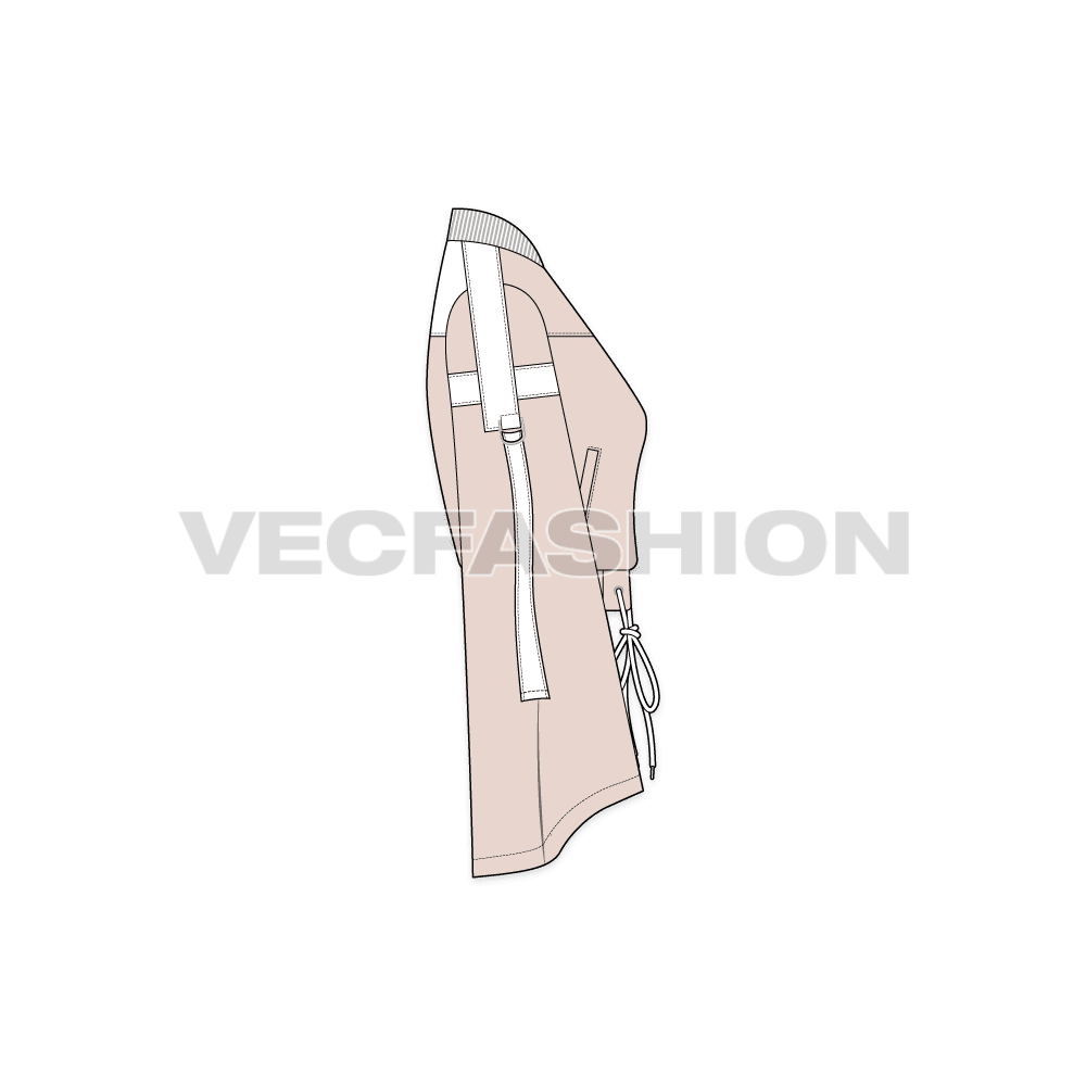 A vector illustrator template for Women's Streetwear Jacket. It has very cool trims like tassles, contrast colored panels and collar.