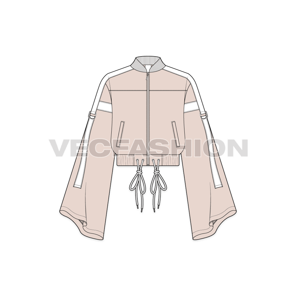 A vector illustrator template for Women's Streetwear Jacket. It has very cool trims like tassles, contrast colored panels and collar.